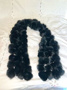 Black Angora Rabbit Fur Pom Pom Scarf - Women's Luxury Winter Accessory